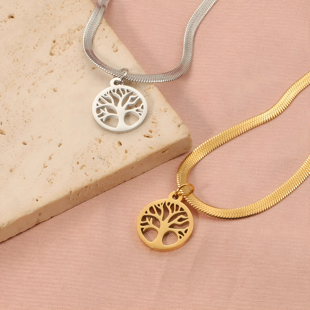 Stainless steel necklace with a U-shaped tree pendant on an adjustable snake chain.