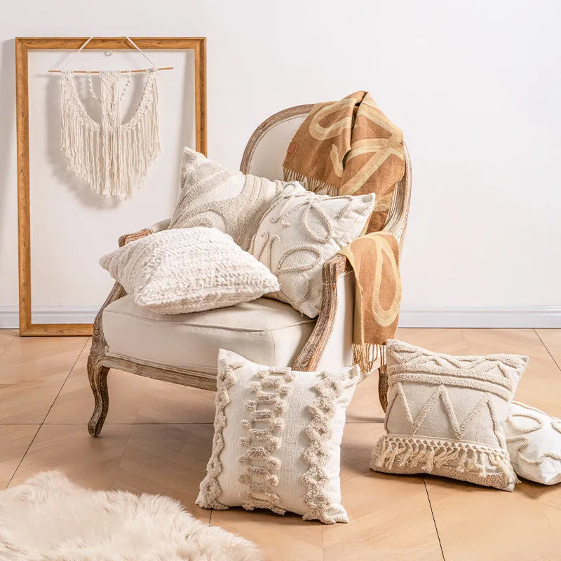 Knitted pillow cover with tassel fringe in striped pattern