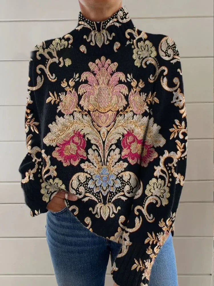 Black 3D pattern turtleneck long sleeve loose-fit pullover sweater on a hanger.