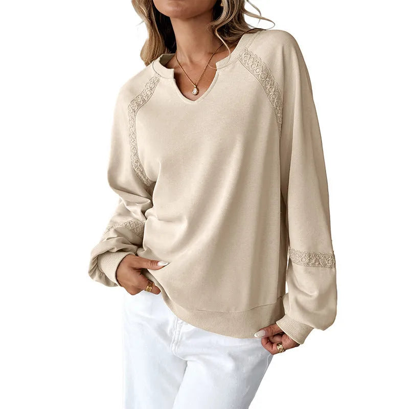Women's half-open collar sweater with lace stitching detail in solid colour