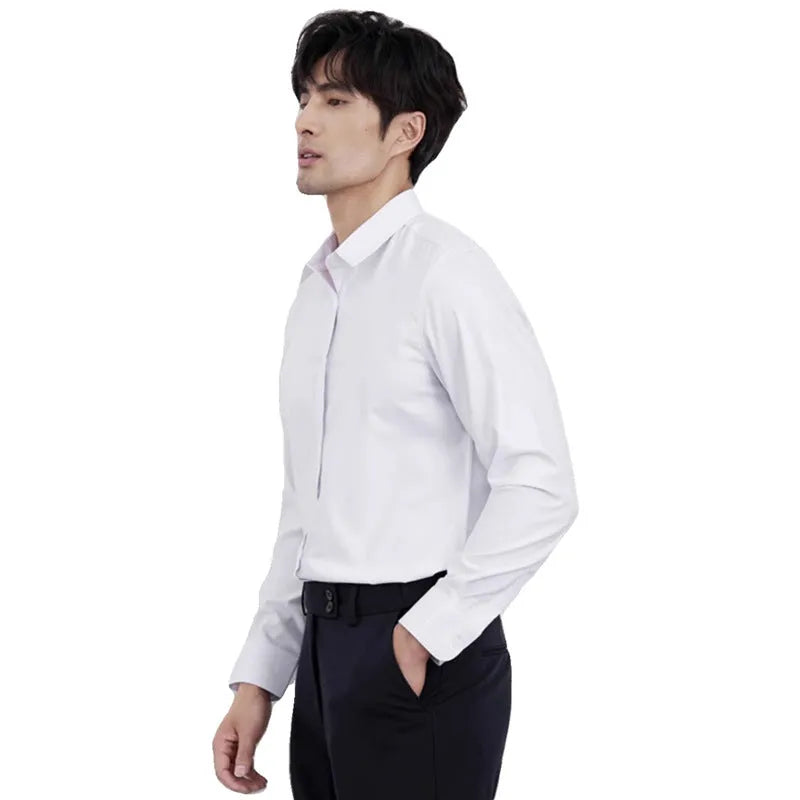 Men's wine red slim fit long sleeve business shirt laid flat, non-iron cardigan style.