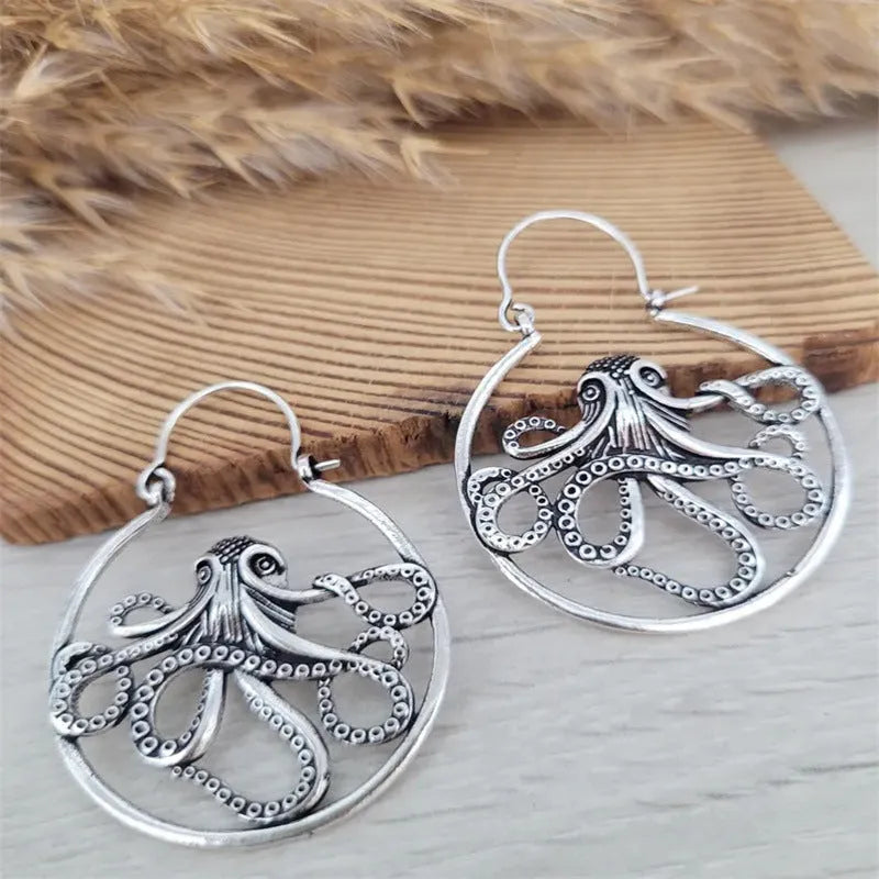 Zinc alloy octopus earrings with electroplated antique silver finish