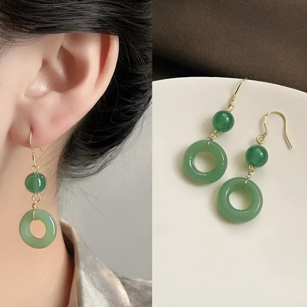 Chinese style green peace buckle shape earrings with geometric design and gold plating