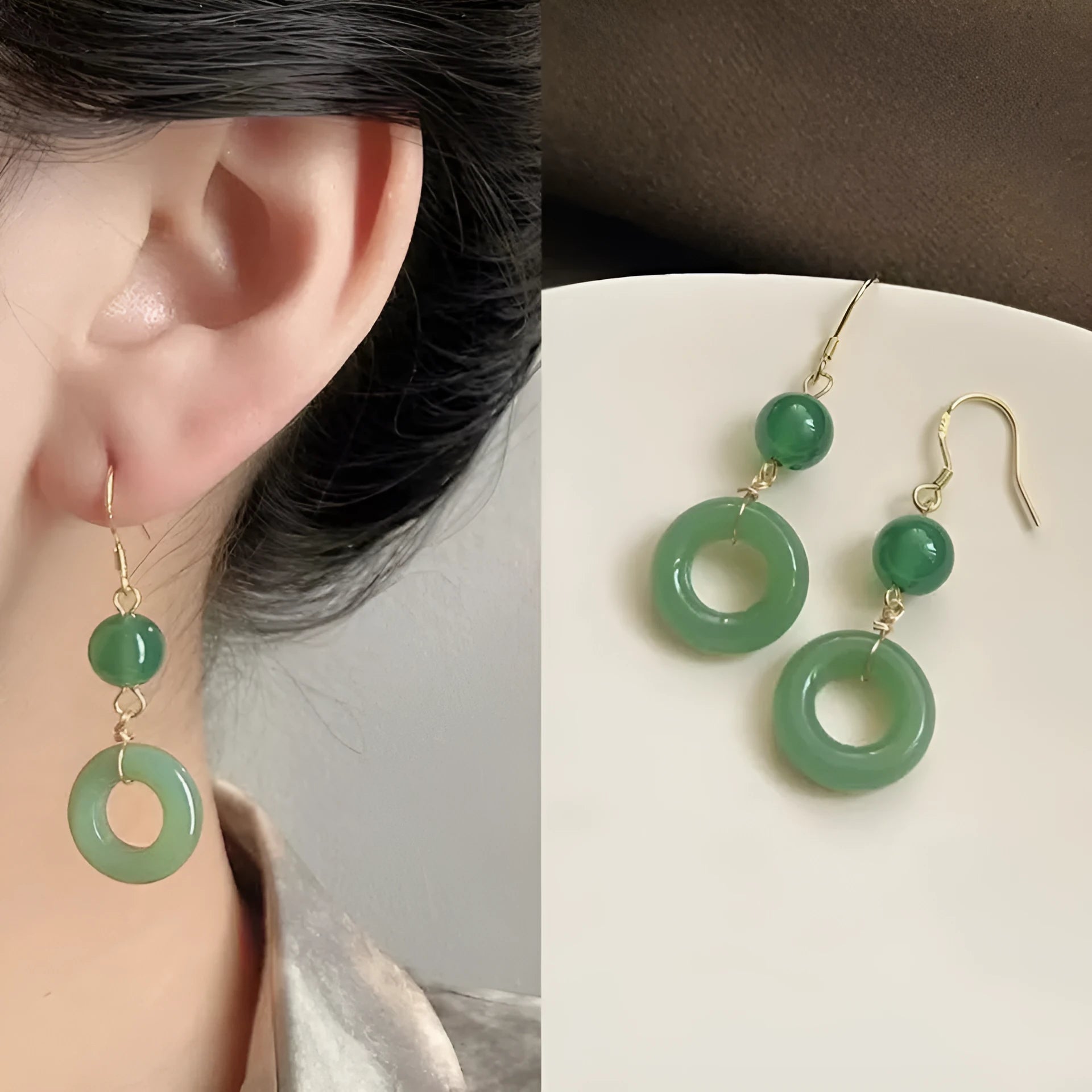 Chinese style green peace buckle shape earrings with geometric design and gold plating