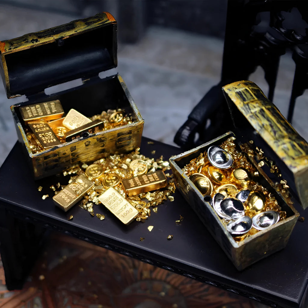 Miniature alloy gold coin treasure box and gold bar dollhouse accessories.
