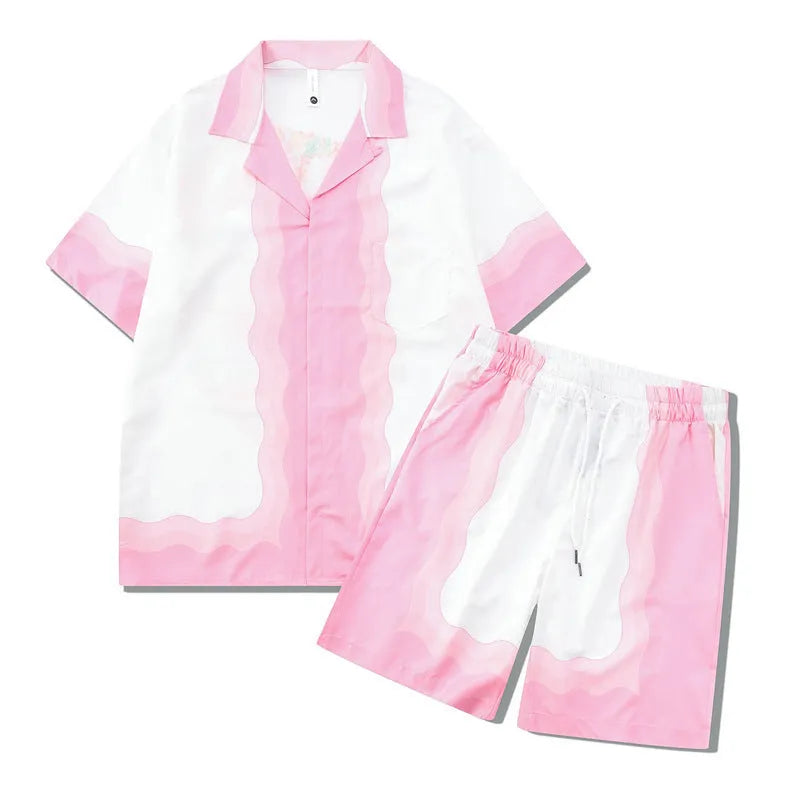Men's printed plaid beach outfit with short sleeve shirt and trousers in polyester fabric