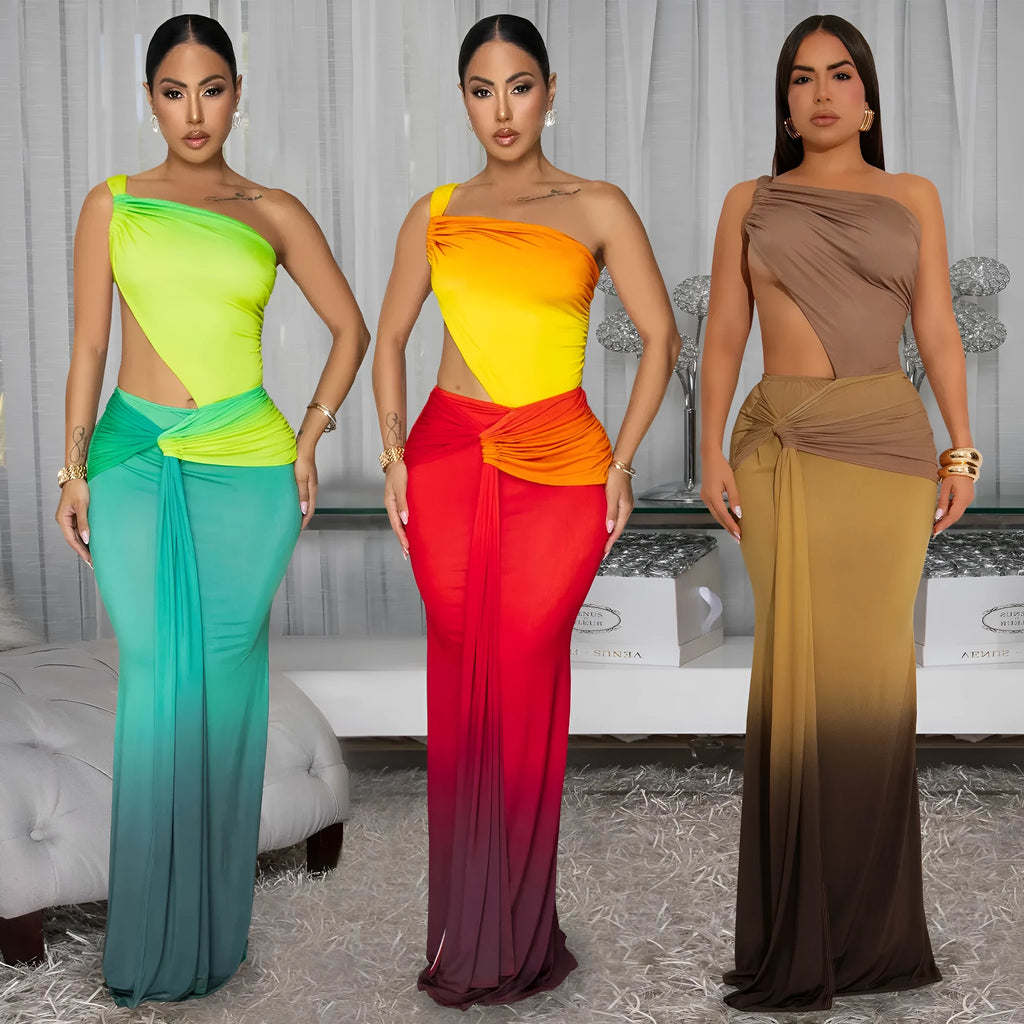Women's brown gradient cross-shoulder sleeveless maxi dress with a high waist on a mannequin.