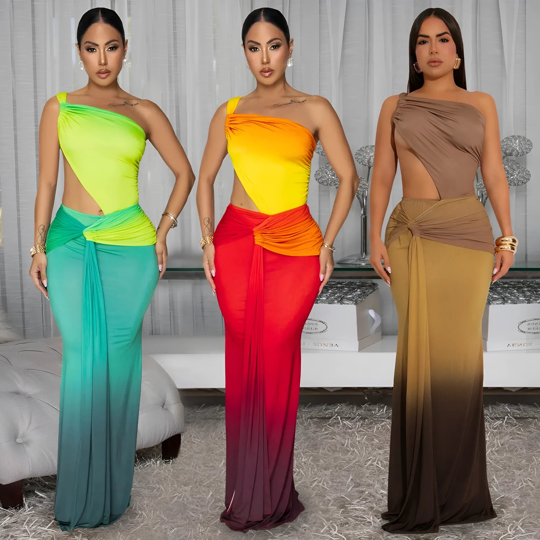 Women's brown gradient cross-shoulder sleeveless maxi dress with a high waist on a mannequin.