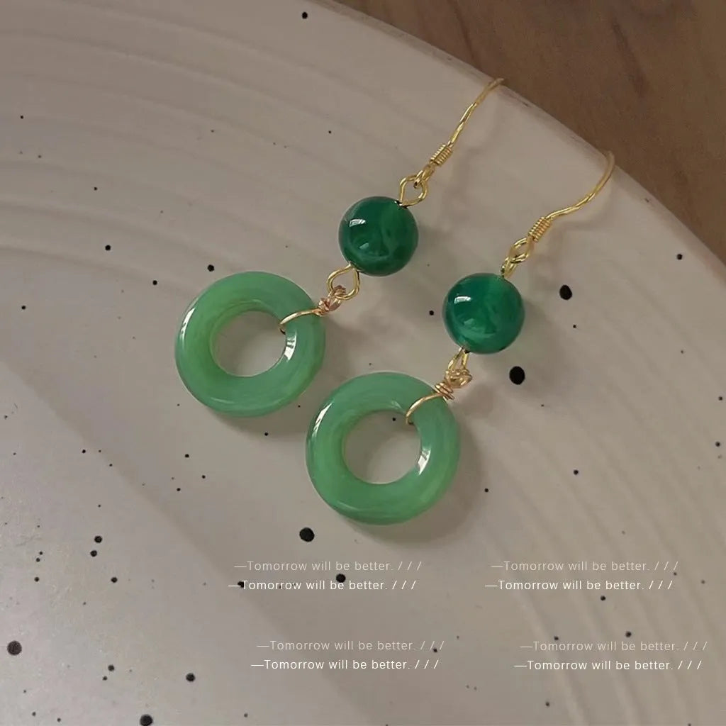 Chinese style green peace buckle shape earrings with geometric design and gold plating