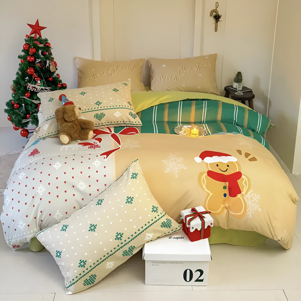 Christmas cartoon printed duvet cover and pillowcases on a bed, showing Gingerbread Man pattern.