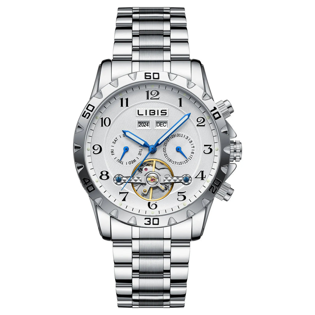 Men's silver automatic perpetual calendar mechanical watch with stainless steel strap on a wrist.
