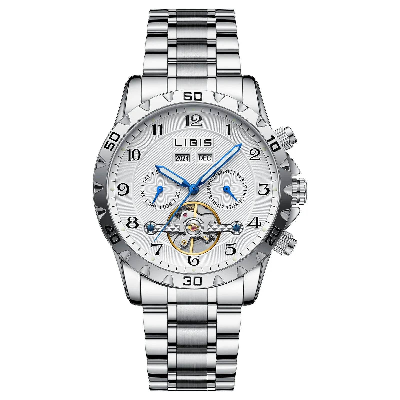 Men's silver automatic perpetual calendar mechanical watch with stainless steel strap on a wrist.