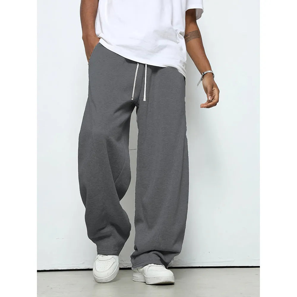 Men's straight-leg casual trousers in black with a micro-elastic waistband and drawstring
