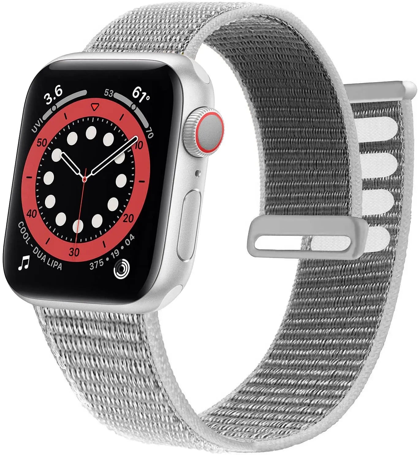 Woven nylon smartwatch strap in pink sand colour, shown detached from a watch.