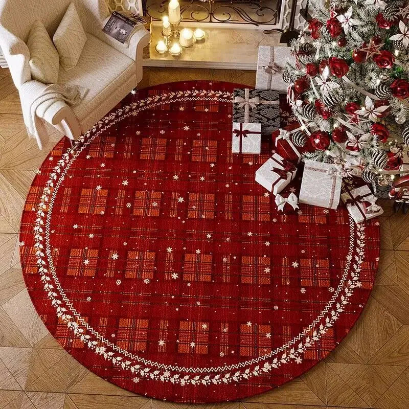 Christmas red round velvet floor mat with absorbent non-slip design for living room decoration