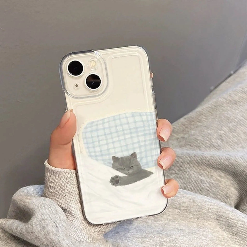Transparent TPU iPhone case with sleeping cat or dog pattern design