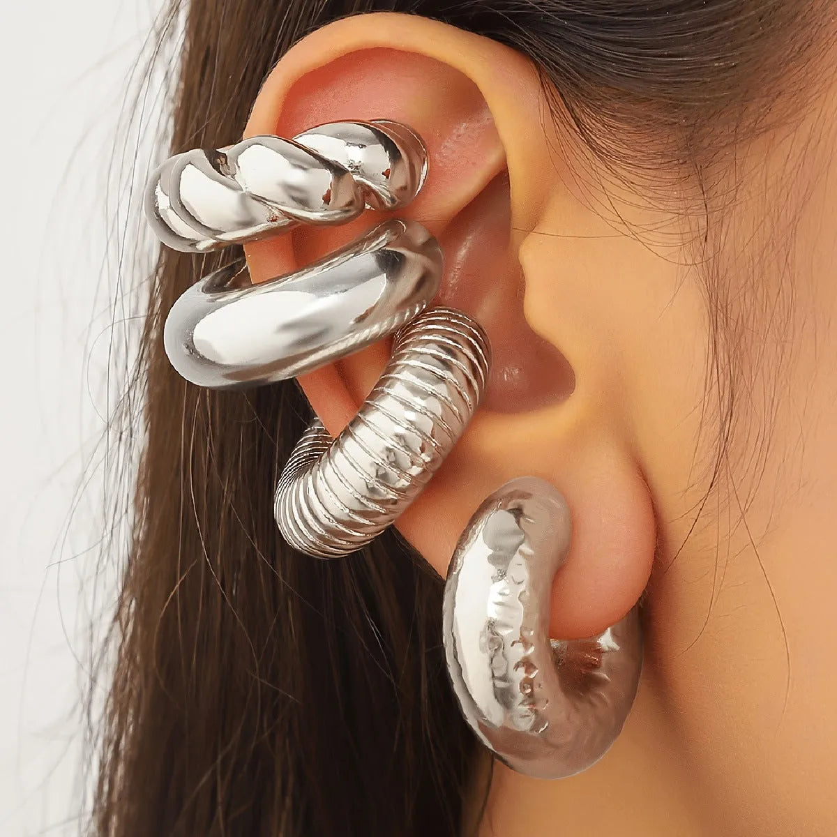 Geometric gold and silver ear clip set for women without pierced ears requirement