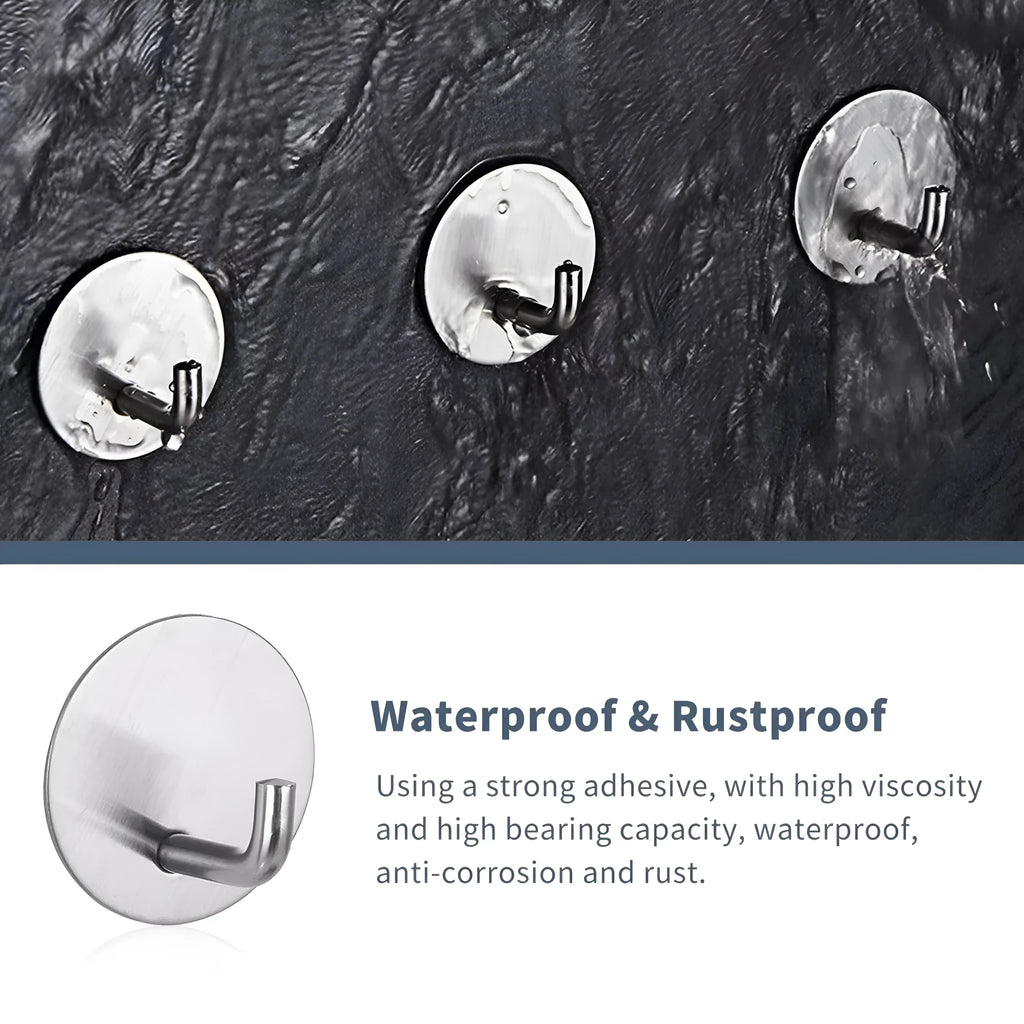 Black and sanded stainless steel self-adhesive hooks with 3kg load capacity for wall mounting.