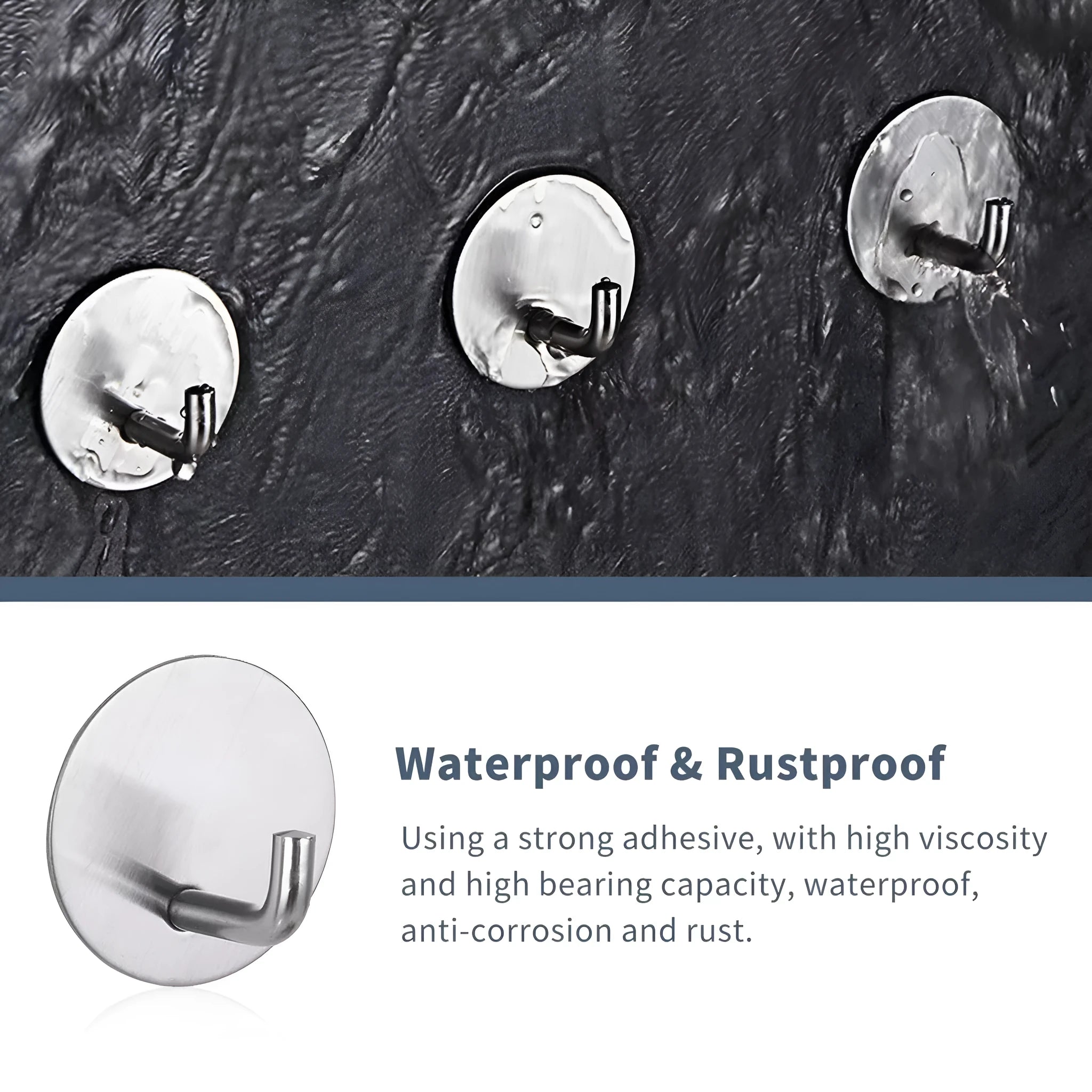 Black and sanded stainless steel self-adhesive hooks with 3kg load capacity for wall mounting.