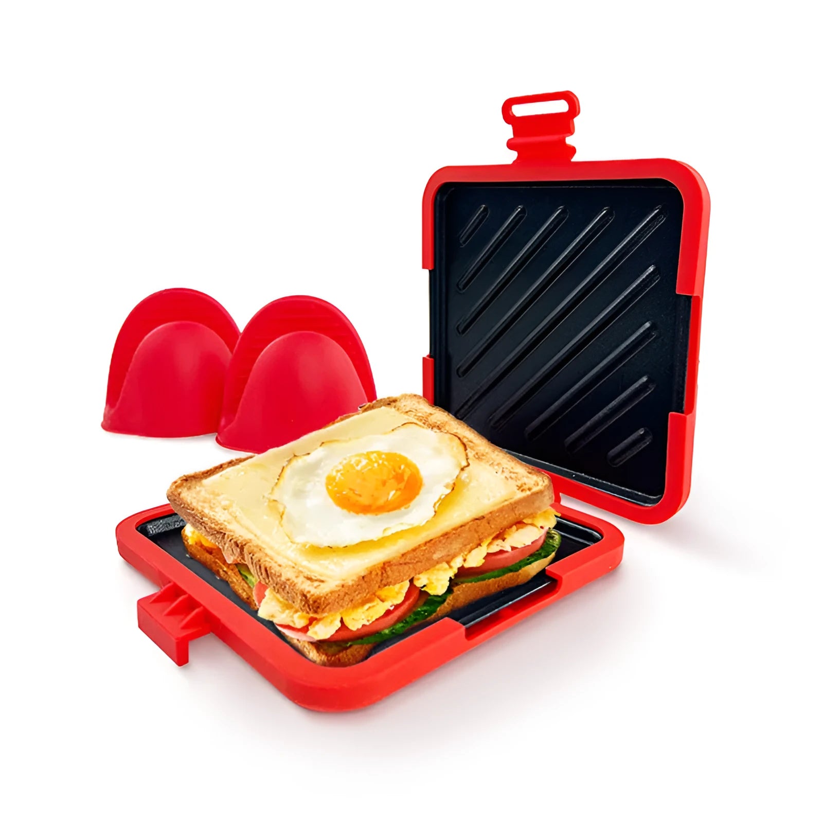 Red silicone baking tray and heat-resistant gloves set in colour box packaging