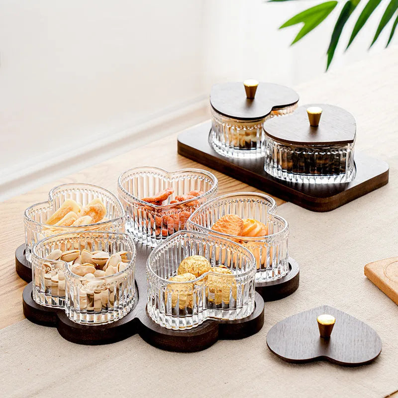 Glass dim sum plate with transparent heart-shaped lid in retro style, showing compartment options