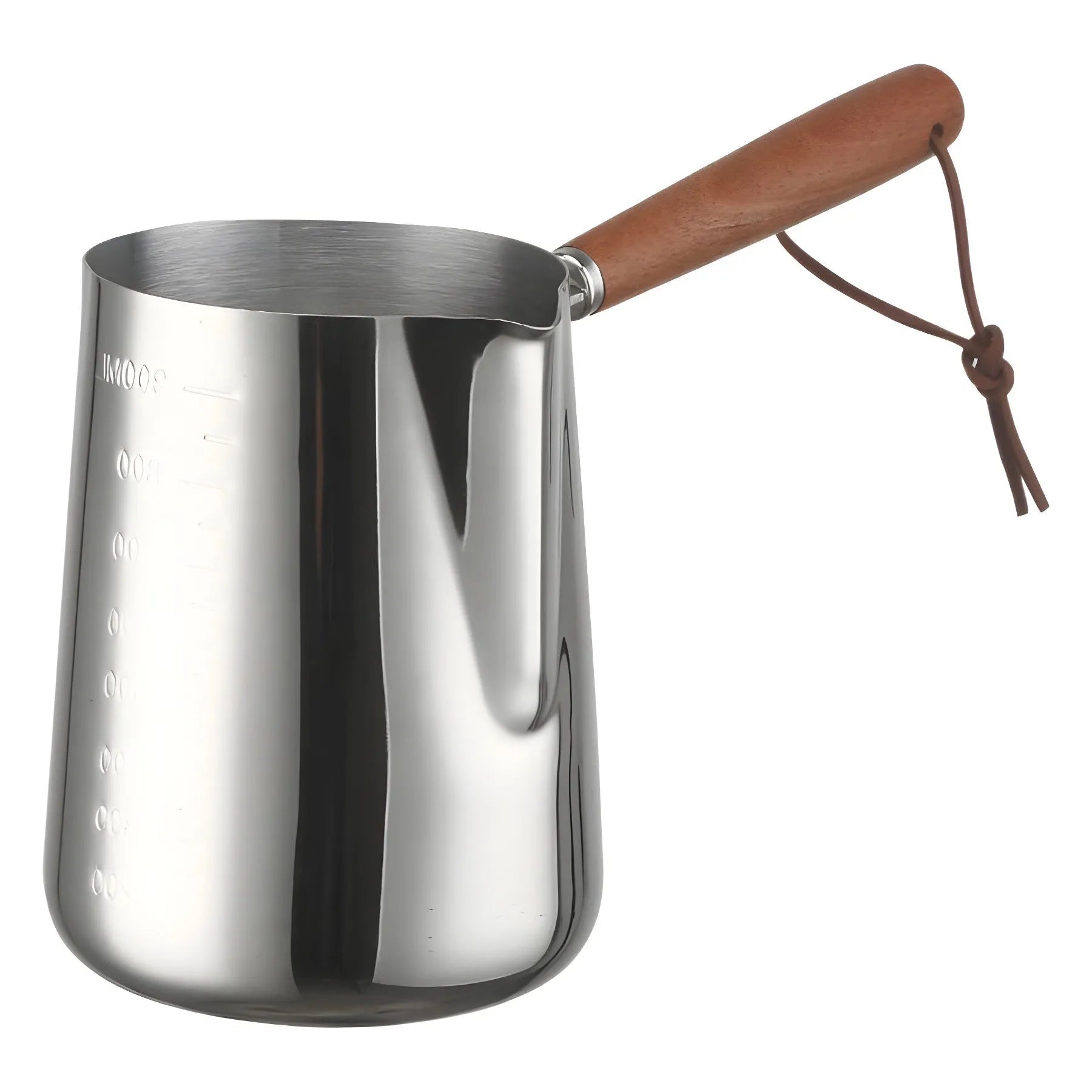 Stainless steel coffee cup with wooden handle and visible millilitre scale markings.