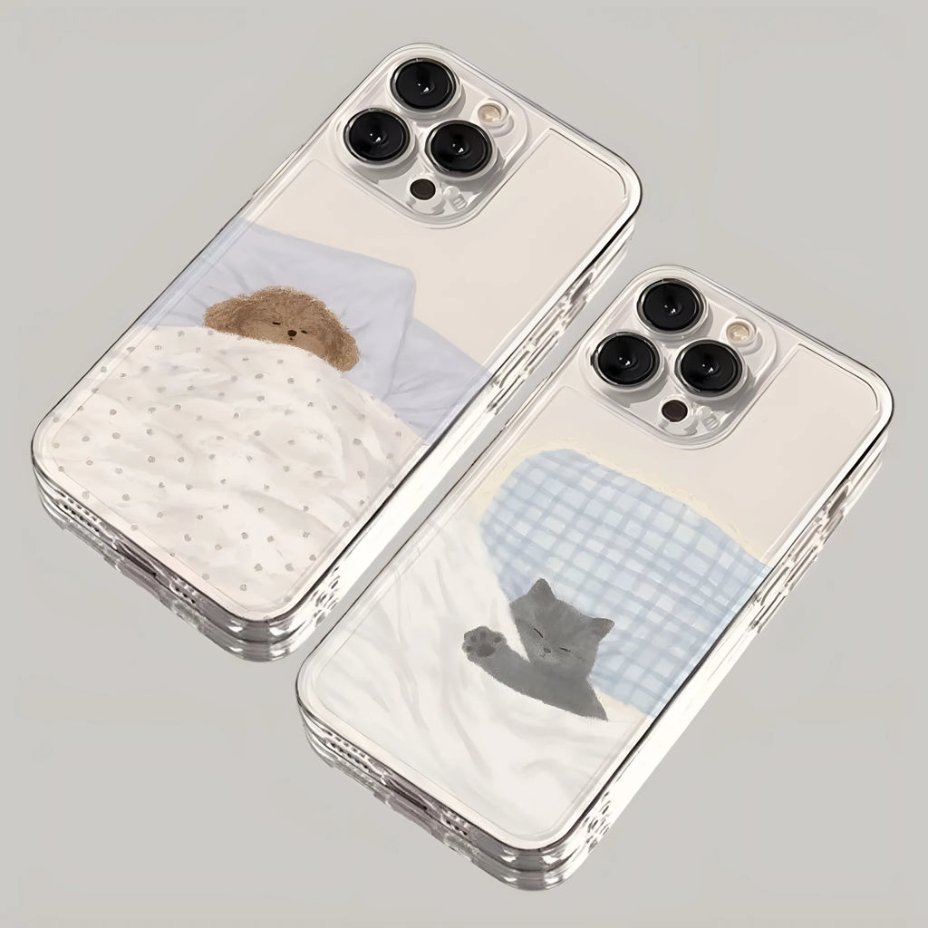 Transparent TPU iPhone case with sleeping cat or dog pattern design