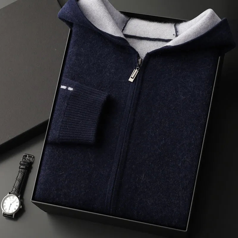 Men's dark blue cashmere cardigan with half-high collar and front zipper, loose fit with long sleeves