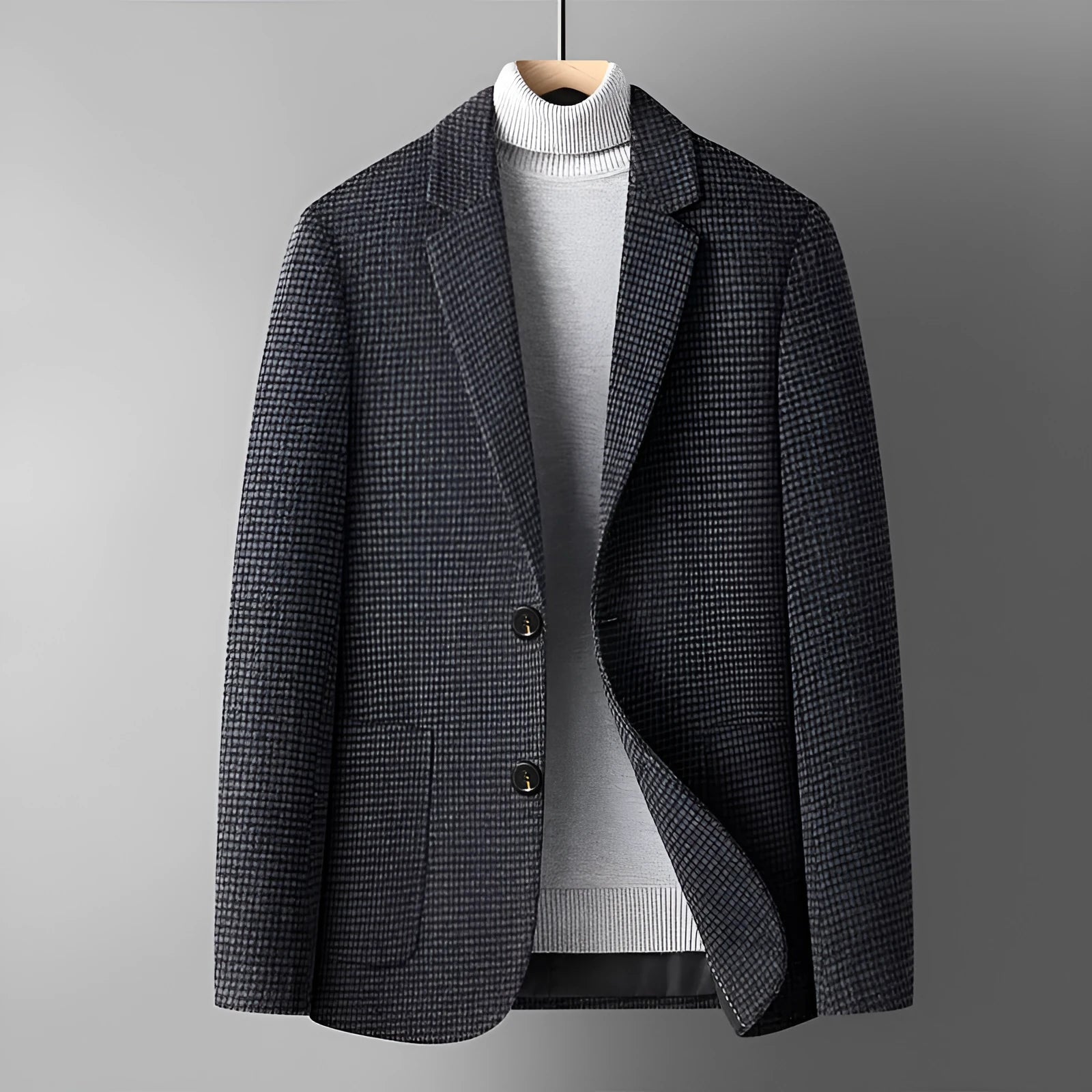Men's slim-fit wool suit jacket in grey on a hanger.