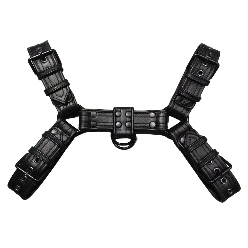 Black leather chest muscle bondage strap with metal buckle adjustment for adult costume use