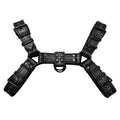 Black leather chest muscle bondage strap with metal buckle adjustment for adult costume use