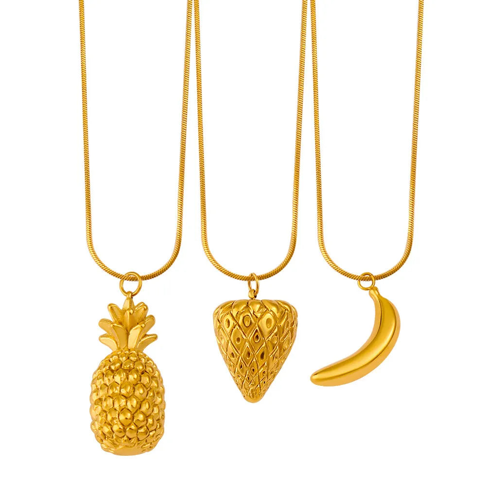 Stainless steel necklace with a detailed alloy fruit charm pendant, options include apple, grape, watermelon, pineapple, strawberry, and banana.