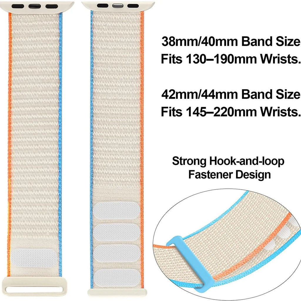 Woven nylon smartwatch strap in pink sand colour, shown detached from a watch.
