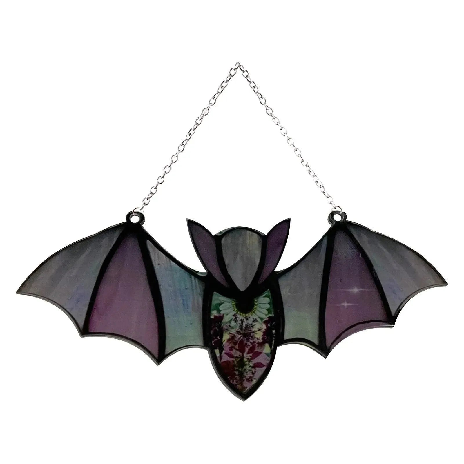 A modern art style bat printed on a clear acrylic wall hanging pendant.