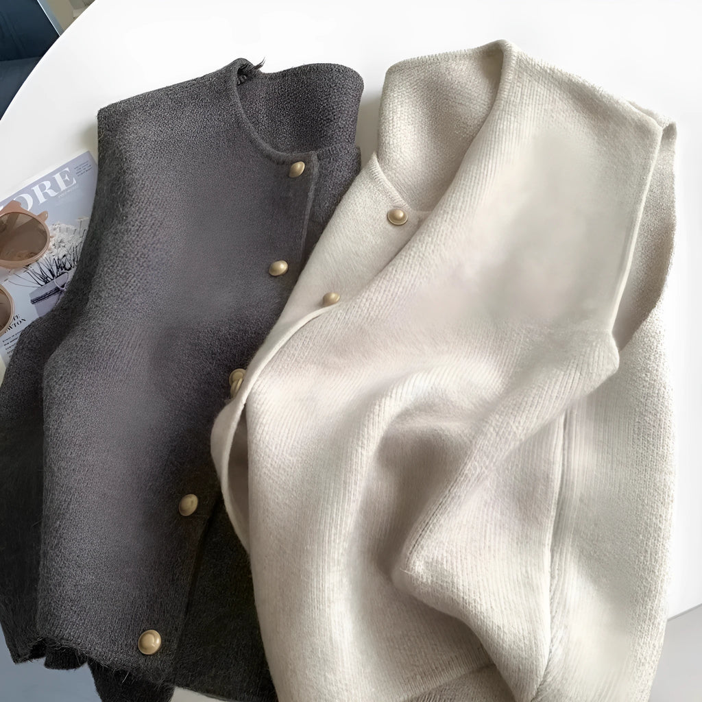 Women's thin grey polyester pullover vest with half sleeves, shown as a casual layering piece.