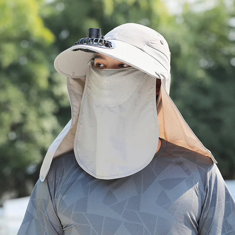 Men's khaki sun hat with USB rechargeable fan and attached face covering shawl for outdoor protection