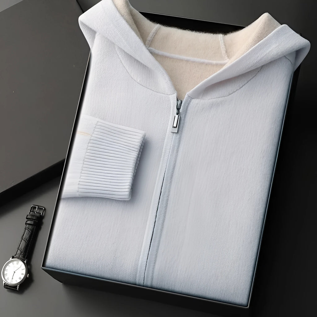 Men's dark blue cashmere cardigan with half-high collar and front zipper, loose fit with long sleeves