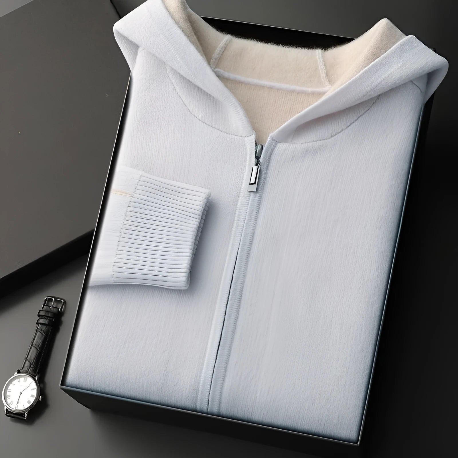 Men's dark blue cashmere cardigan with half-high collar and front zipper, loose fit with long sleeves