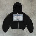 Black loose fit hoodie zipper jacket with white letter pattern print and front pocket