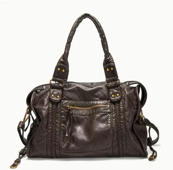 Women's retro motorcycle shoulder messenger bag in brown with weaving design elements and single adjustable strap
