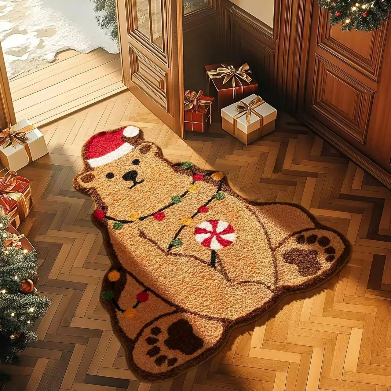 Christmas-themed polyester fibre hallway mat with Santa Claus pattern and anti-slip backing