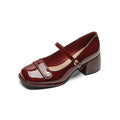 Plus size patent leather ankle boots with buckle and chunky heel in apricot, black, or wine red.
