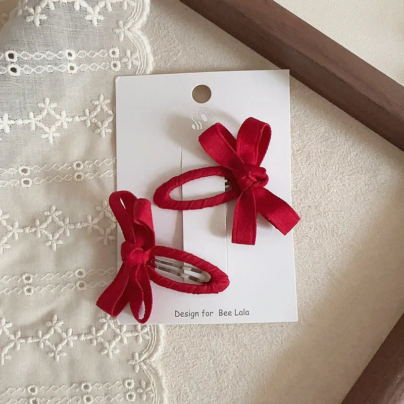 Children's cloth bow barrettes in deciduous colours red pink beige milk tea yellowish brown brown alloy clips