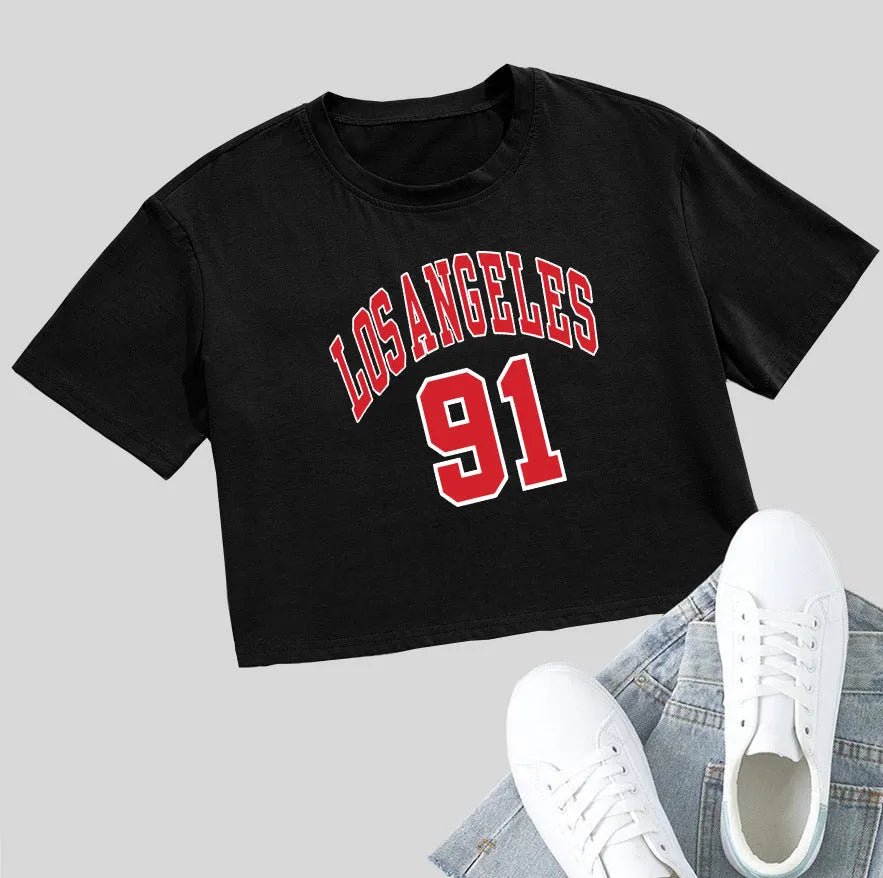 Black personalised '23 Letters' printed cotton T-shirt with loose fit and exposed navel style on a mannequin.
