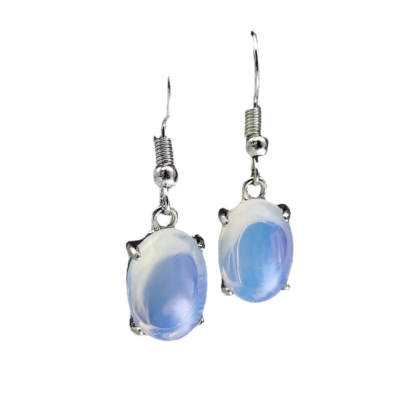 A pair of retro-style drop earrings with a moonlight opal centre on an electroplated alloy setting.