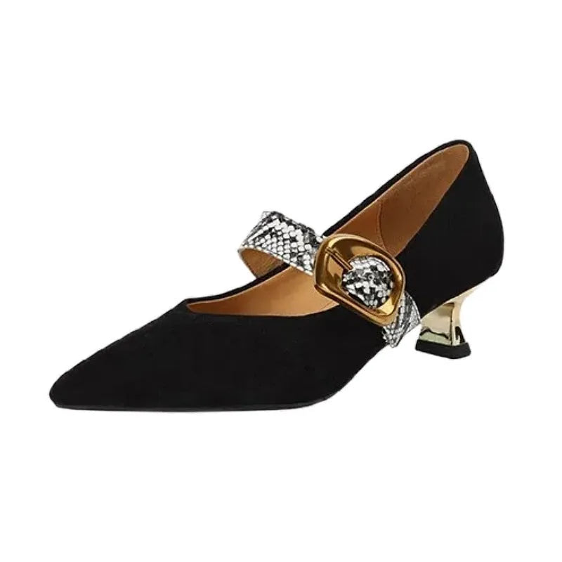 Women's black pointed-toe stiletto heels with an ankle buckle on a rubber sole