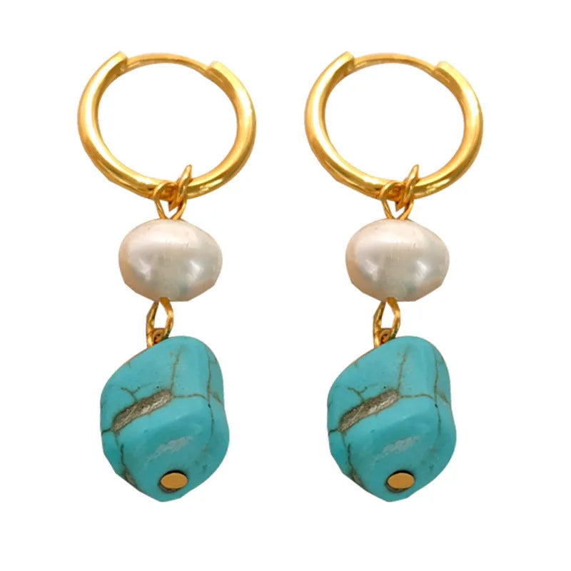 A pair of long and a pair of short geometric copper ear clips with turquoise and cultured pearls.