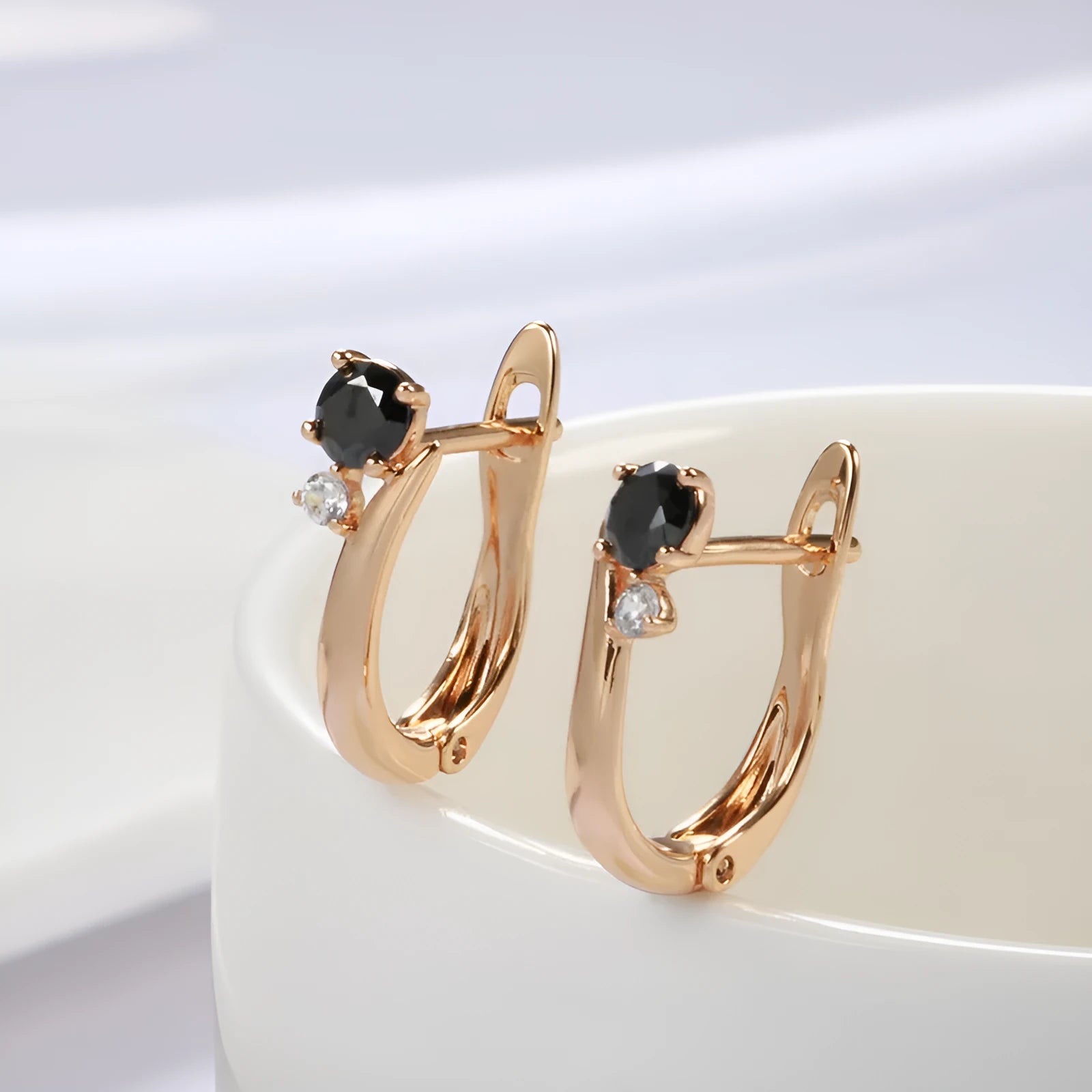 Black agate drop earrings with gold finish and geometric retro design for women