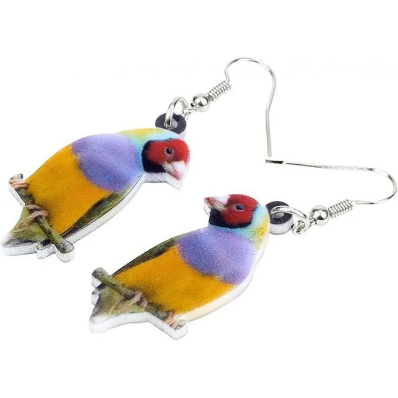 Blue, yellow, and white titmouse bird acrylic pendant drop earrings on a white background.