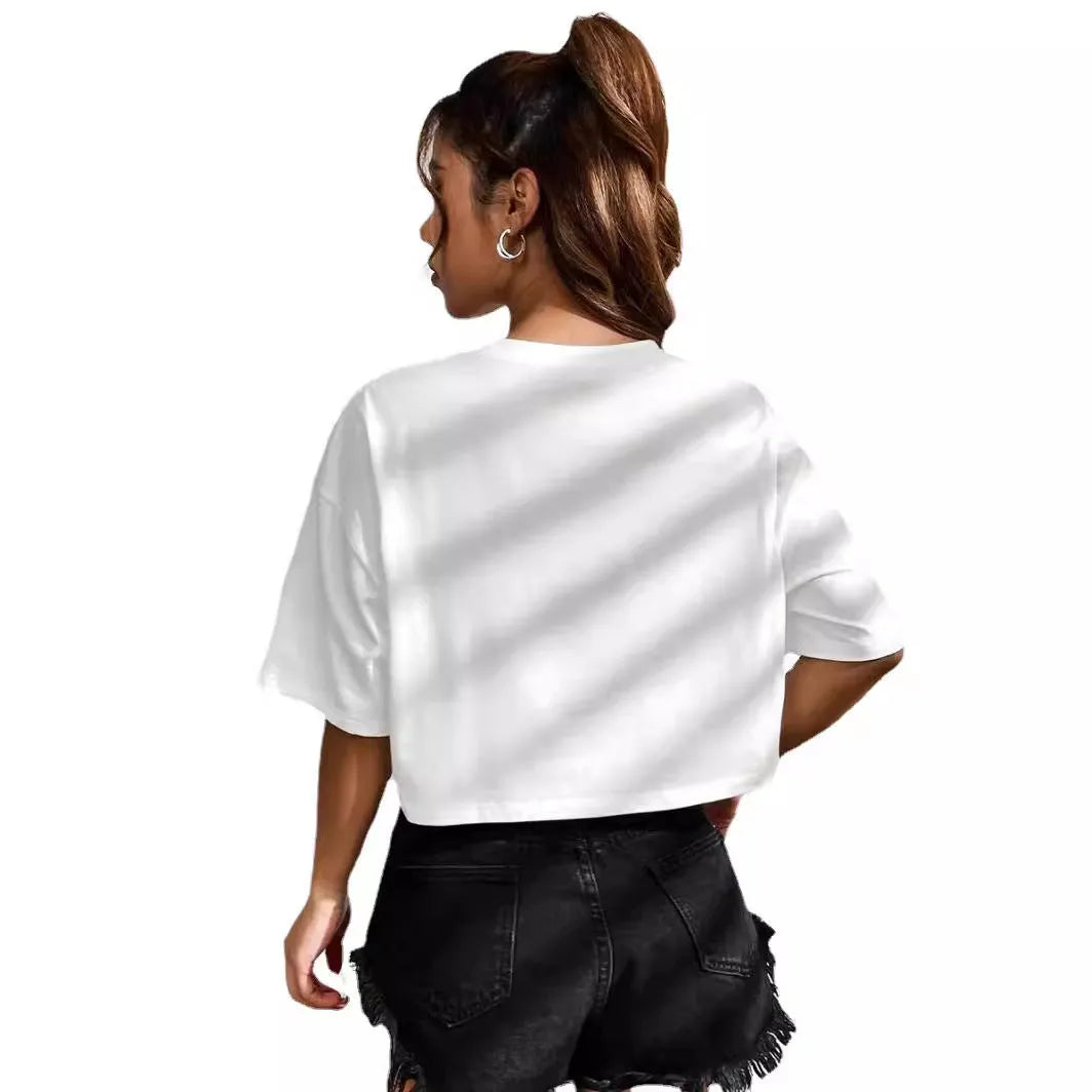 Black personalised '23 Letters' printed cotton T-shirt with loose fit and exposed navel style on a mannequin.